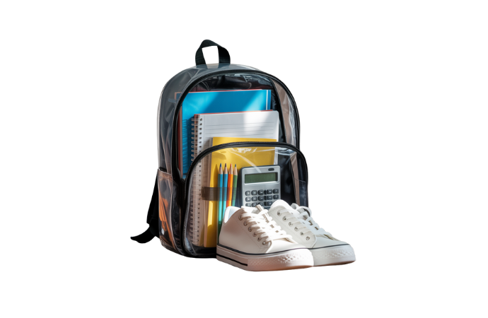  clear backpack with books inside and shoes on the table in front of the backpack
